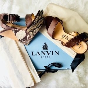 Lanvin Python Leather w/ Wood Ankle Strap Platform Wedge Sandals, Size 8US/38EU